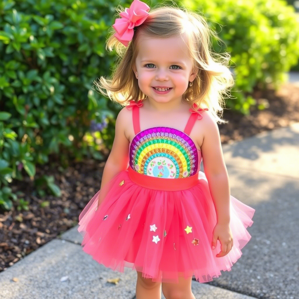 Toddler girl wearing mini skirt with rainbow sequins