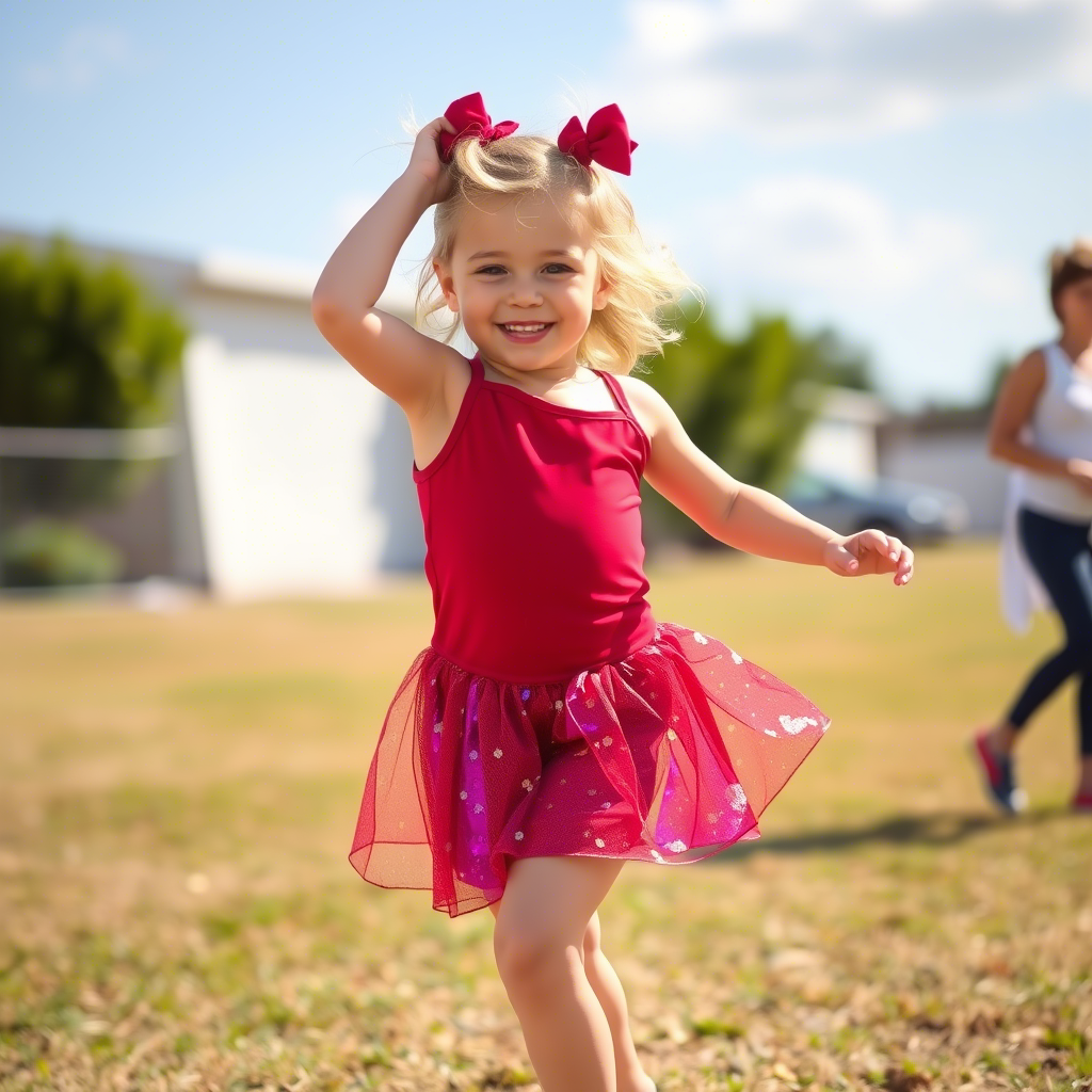 Toddler girl wearing shiny skirt and dancing happily outdoors
