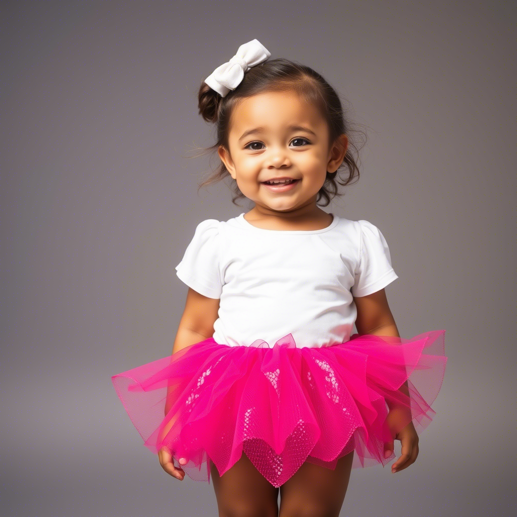 Toddler girl wearing shiny skirt and smiling