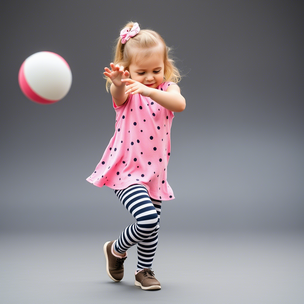 Toddler girl wearing striped leggings and dancing with a ball