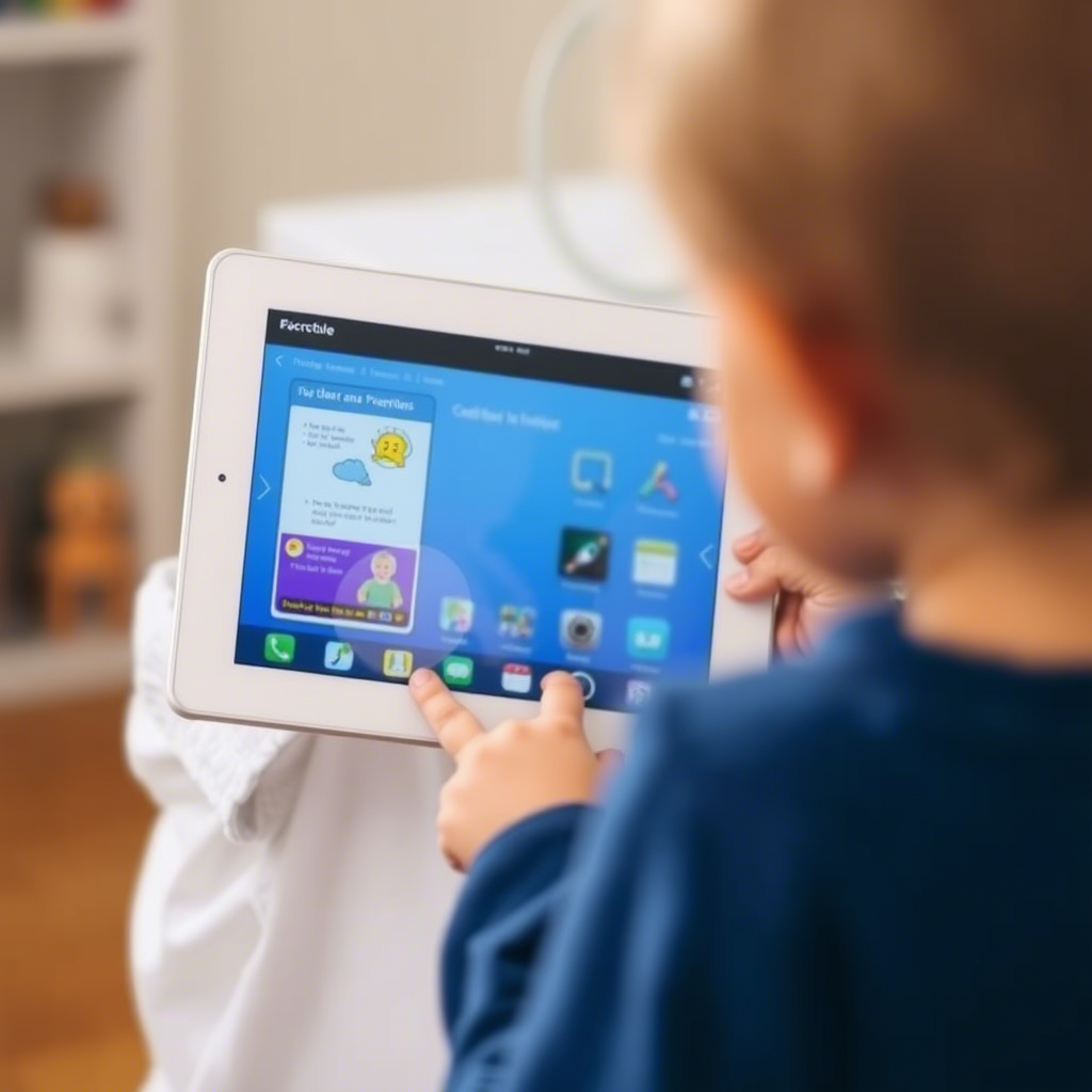 Toddler holding a tablet with a blurred screen displaying educational content