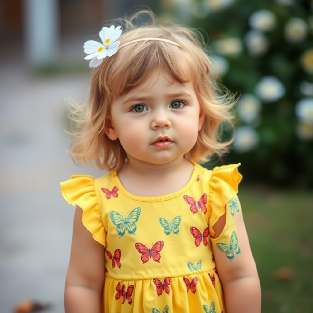 Toddler in a yellow spring dress with butterfly patterns
