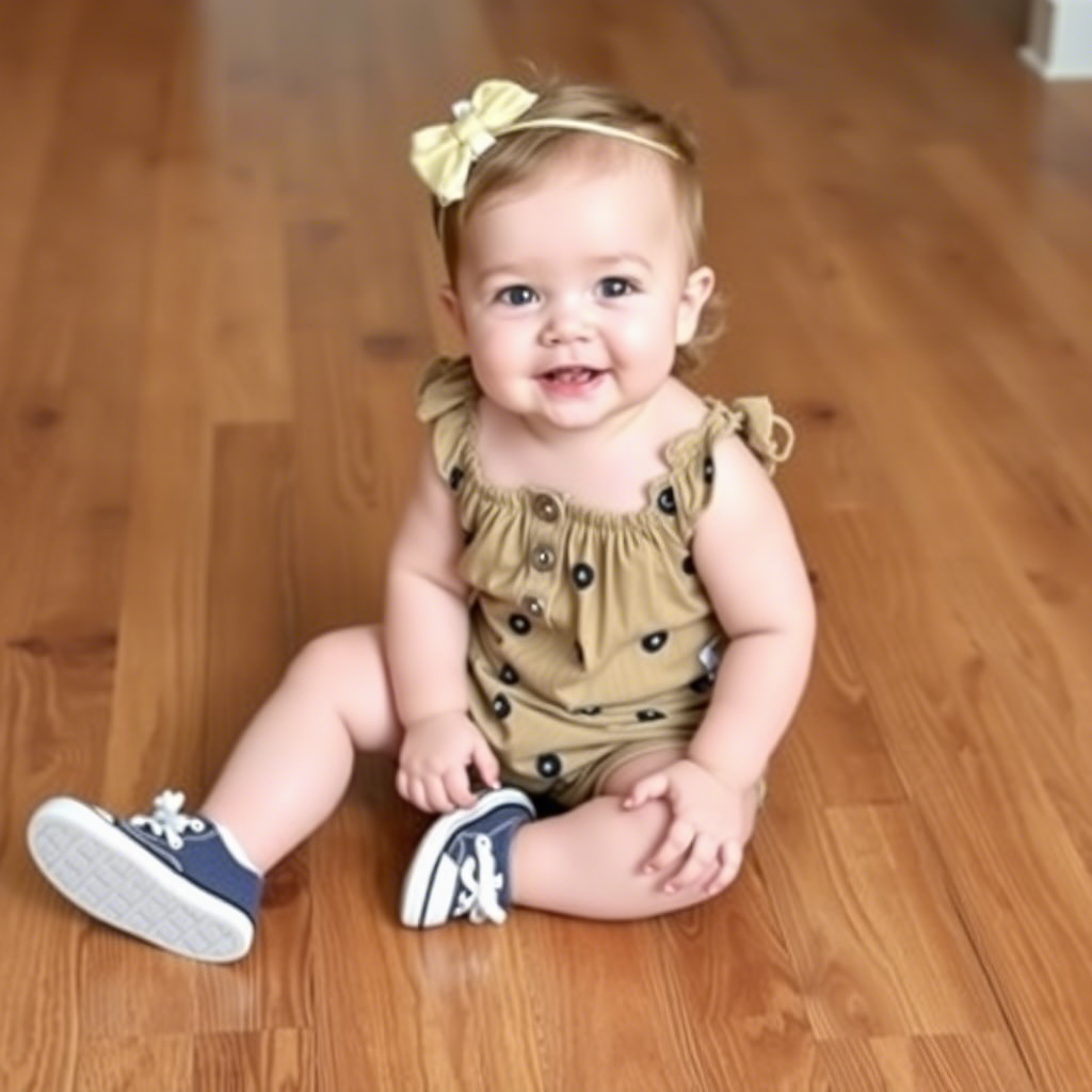 Toddler in adorable romper and sneakers sitting on a wooden floor