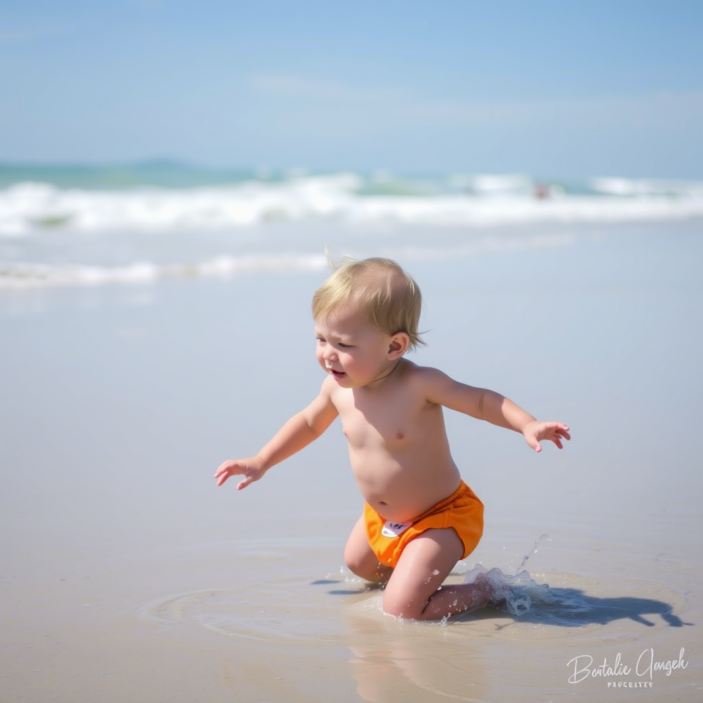 Toddler in bright orange swim diapers playing at beach