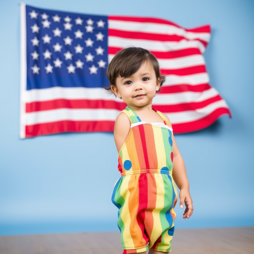 Toddler in colorful outfit standing in front of American flag