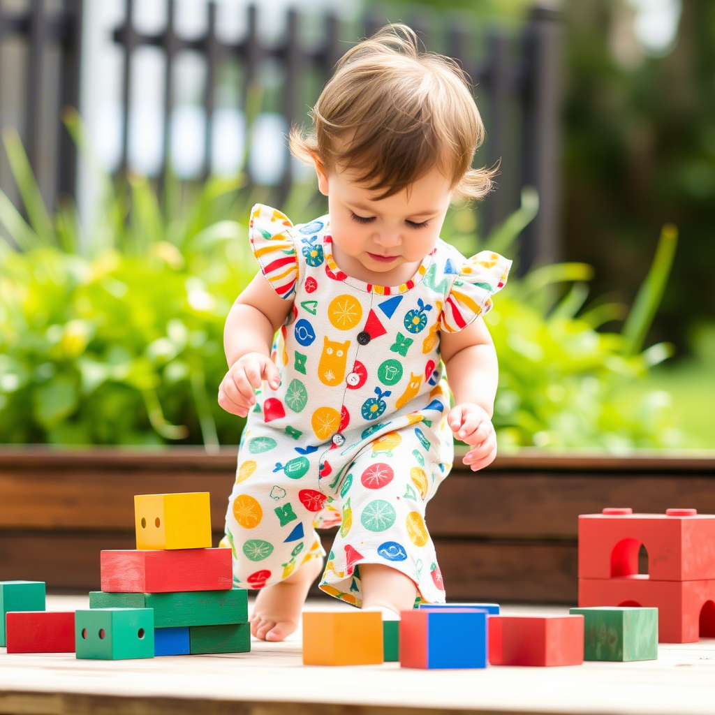 Toddler in colorful romper playing with blocks outside