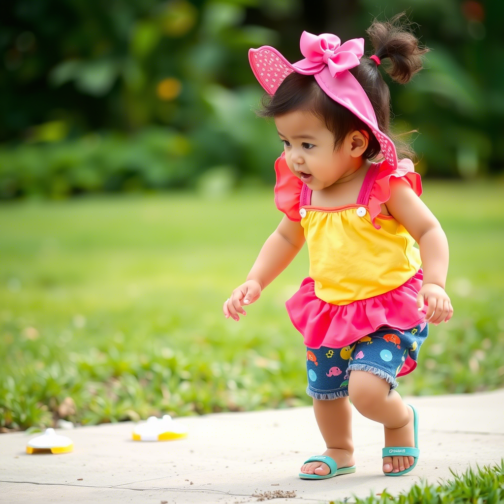 Toddler in colorful summer outfits playing outside