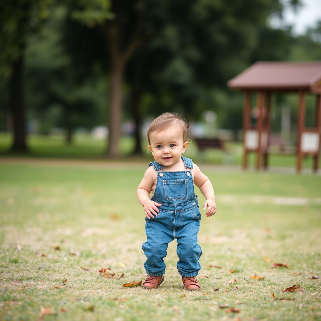 Toddler in cute denim overalls playing in a park