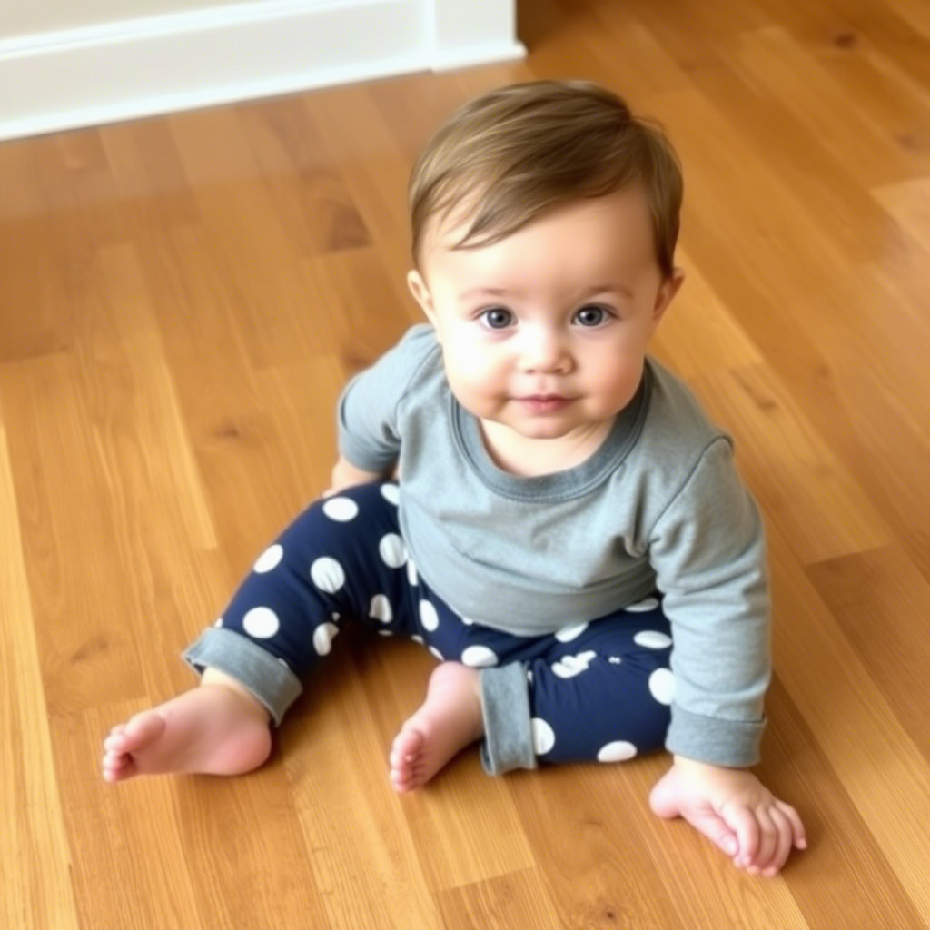 Toddler in cute pants sitting on a wooden floor