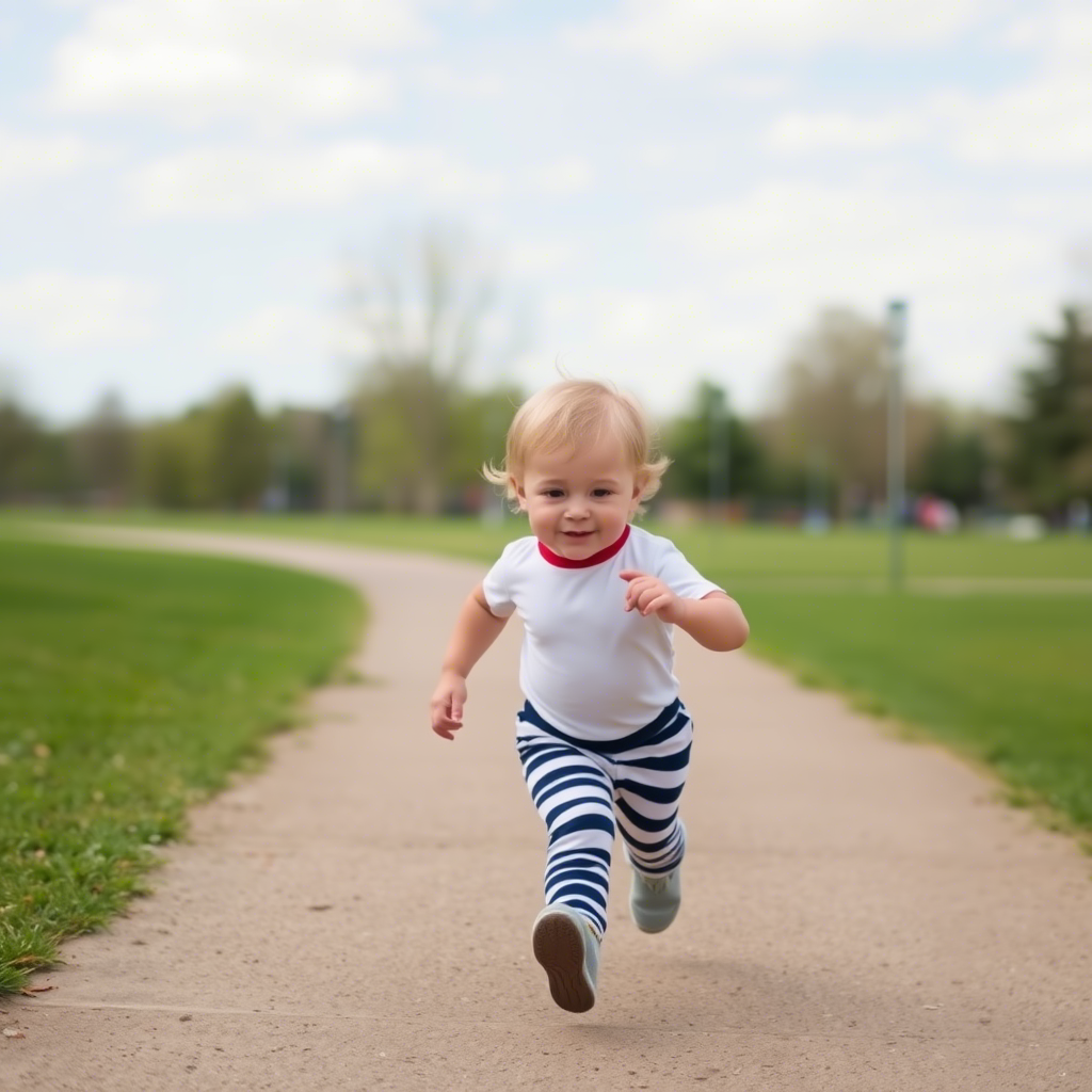 Toddler in cute striped pants running in a park