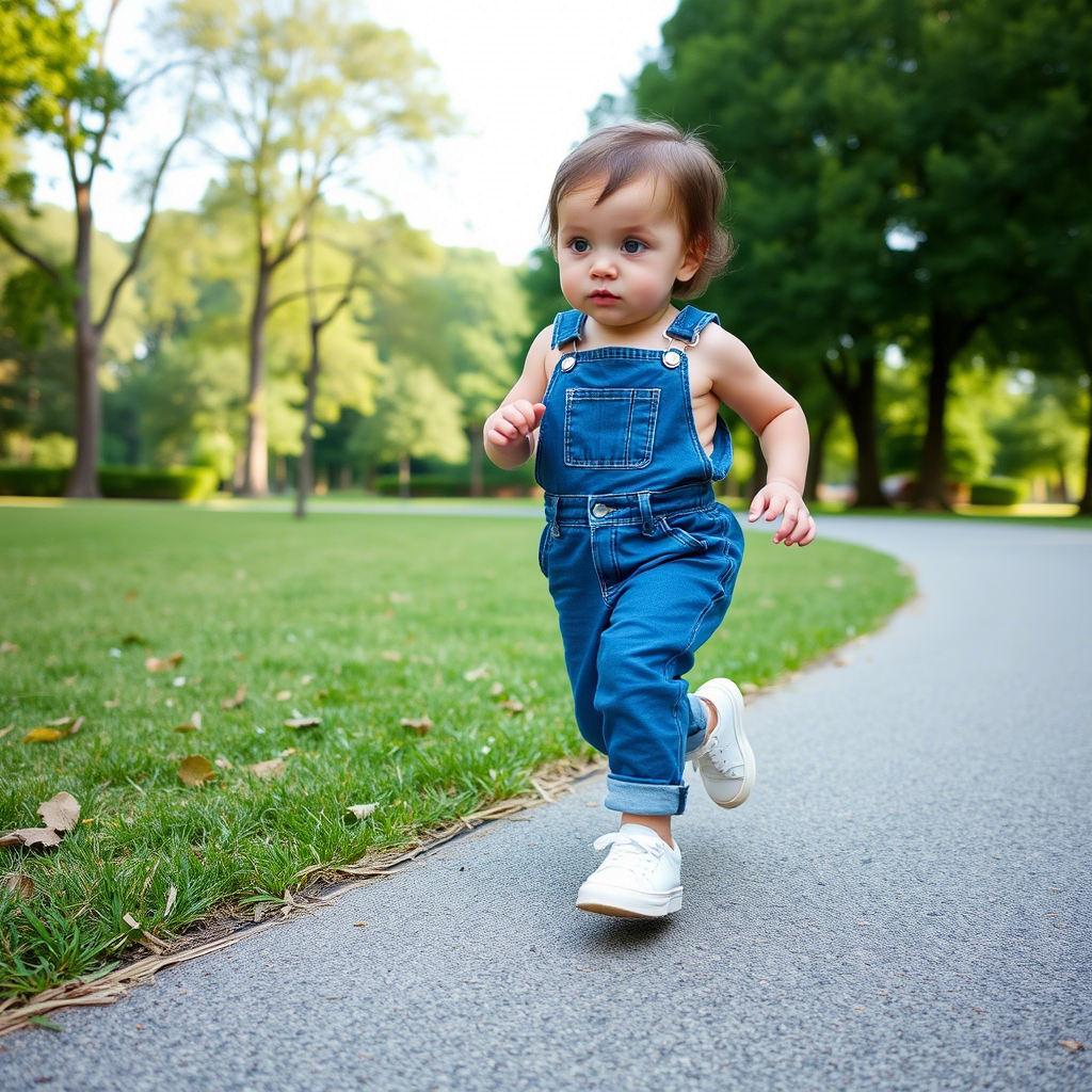 Toddler in denim overalls and sneakers running in park