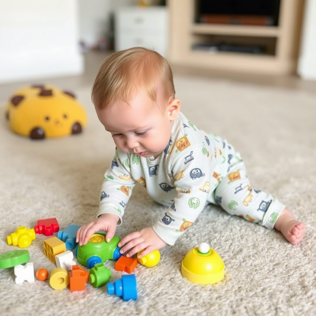 Toddler in romper playing with toys on the floor