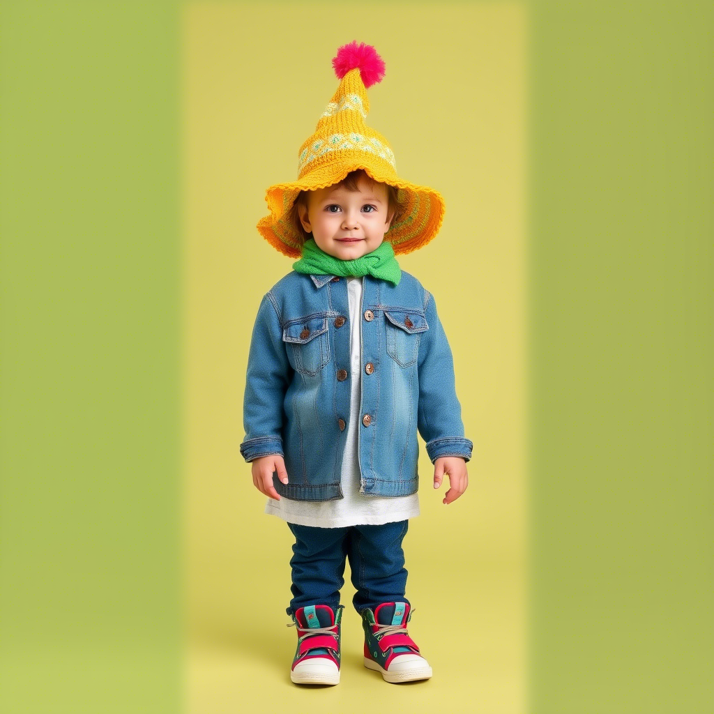 Toddler model showcasing kids’ accessories, colorful hats and shoes