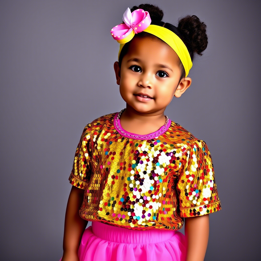Toddler model showcasing wholesale sequin outfit with bright colors