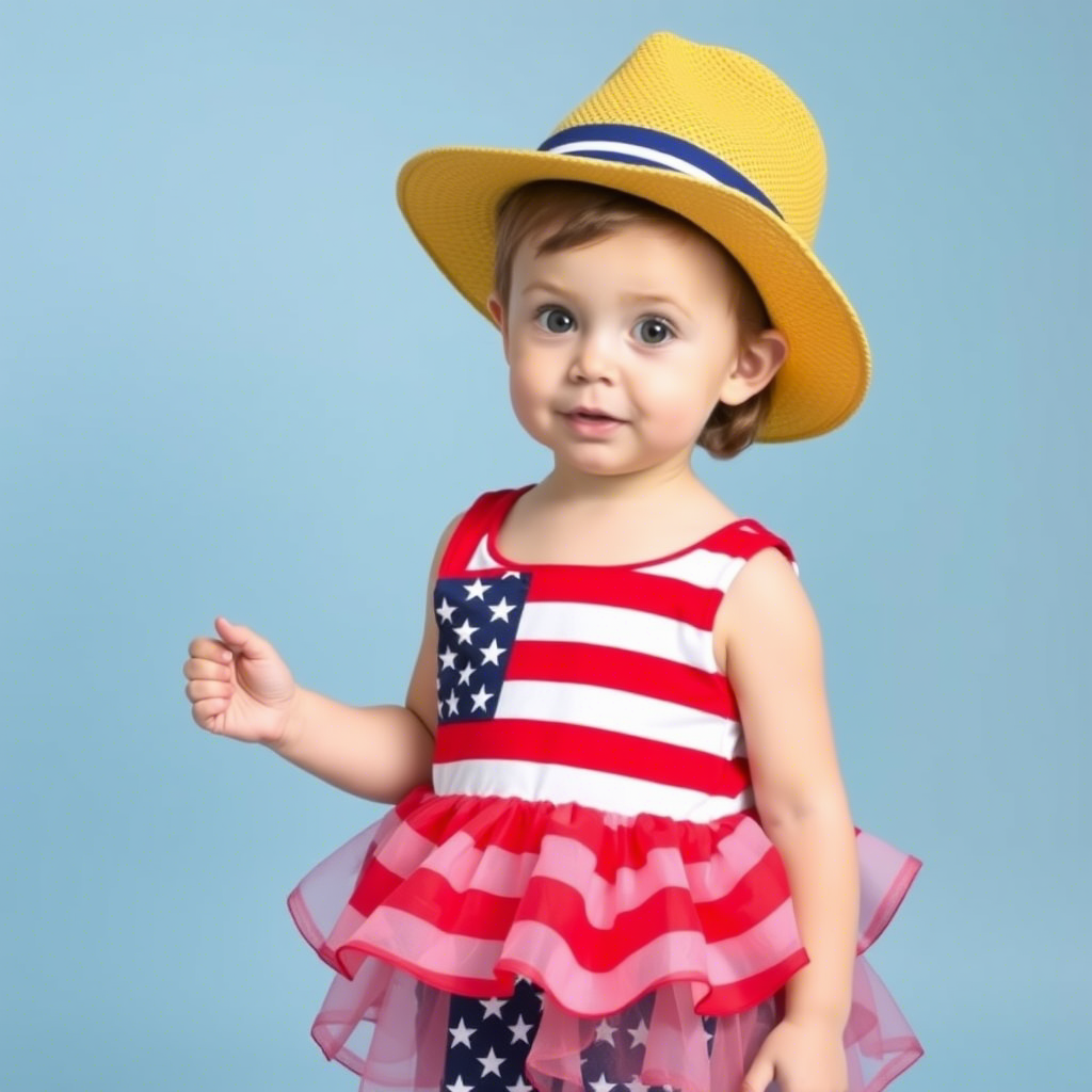 Toddler modeling American flag themed outfit