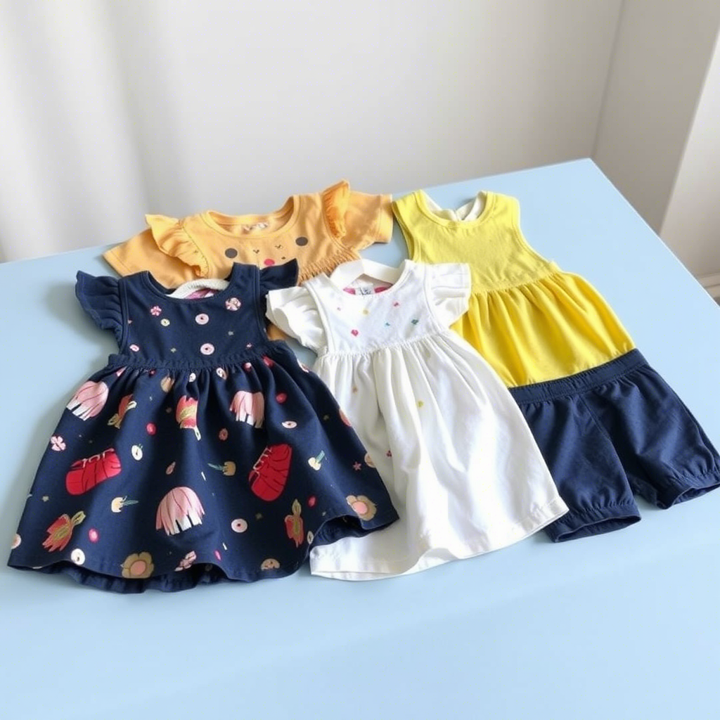 Toddler outfits displayed on a table with vibrant fabrics