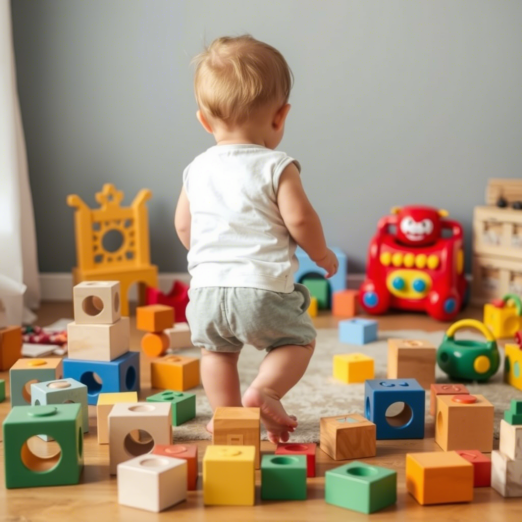 Toddler stepping back, surrounded by baby blocks and toys.