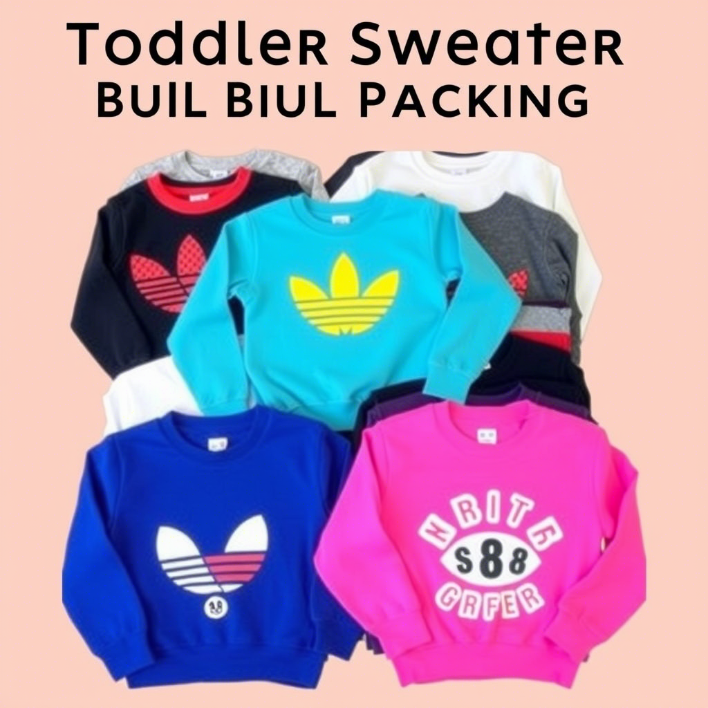 Toddler sweater bulk packaging with various designs and colors displayed