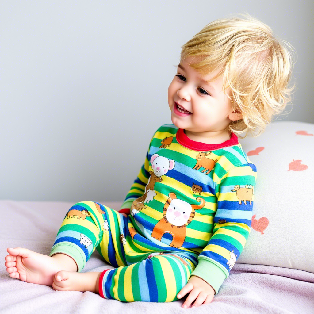 Toddler wearing colorful striped PJs with fun animals
