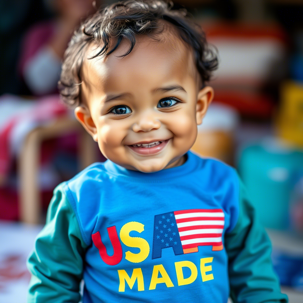 Toddler wearing colorful USA-made clothes, smiling at camera