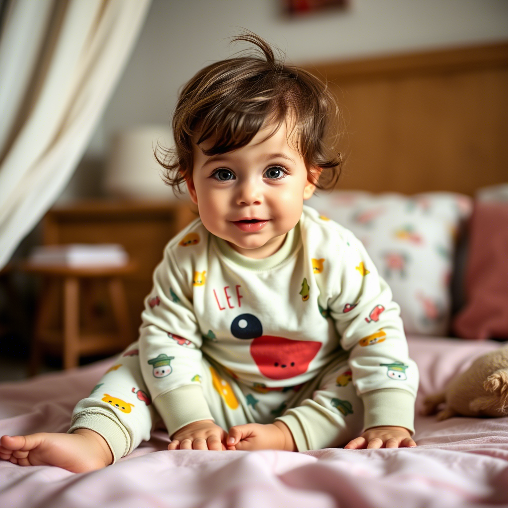 Toddler wearing cozy sleepwear with fun designs, playing in a bedroom
