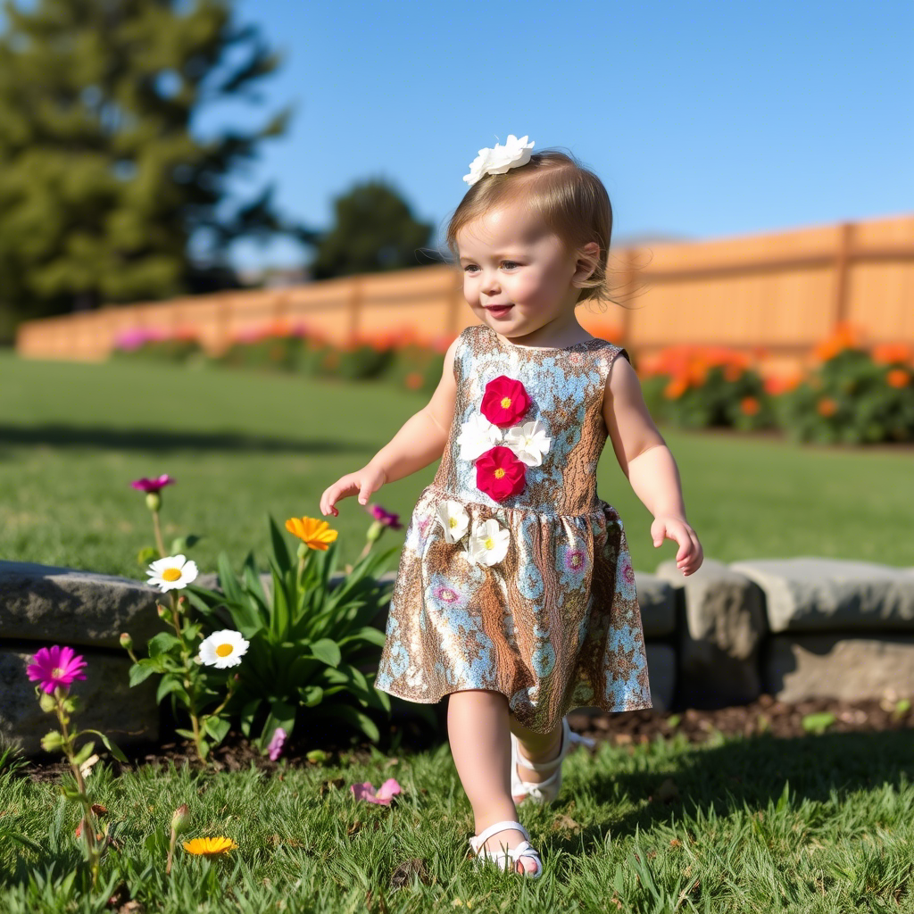 Toddler wearing sequined dress with flowers, playing outside