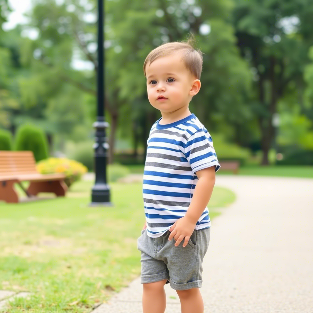 Toddler wearing striped shirt and shorts set in park