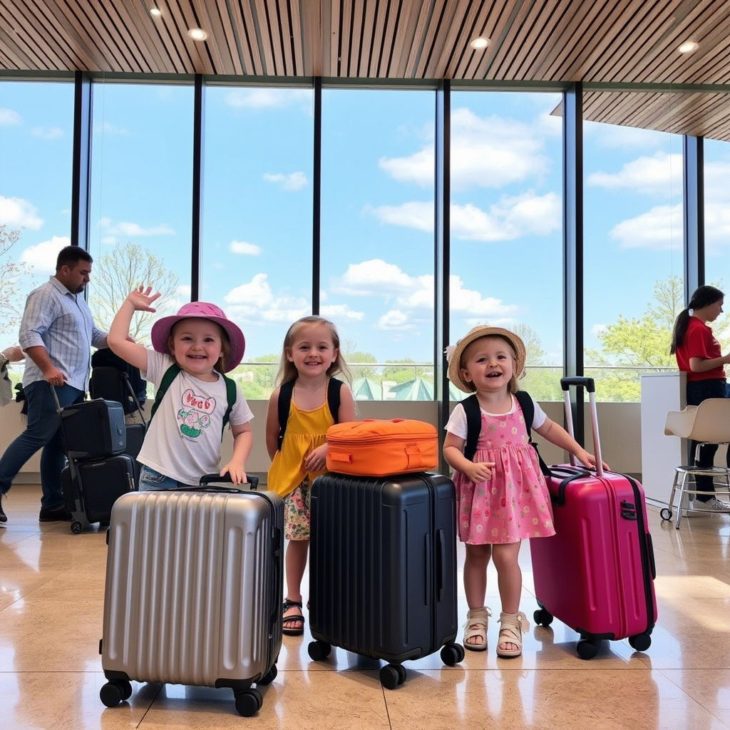 Toddlers having fun on a spring family vacation with luggage