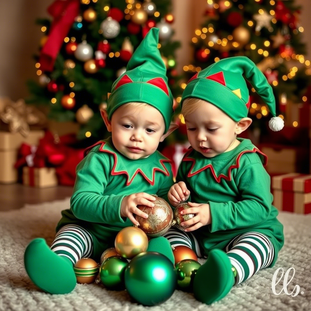 Toddlers in matching elf costumes playing with Christmas ornaments
