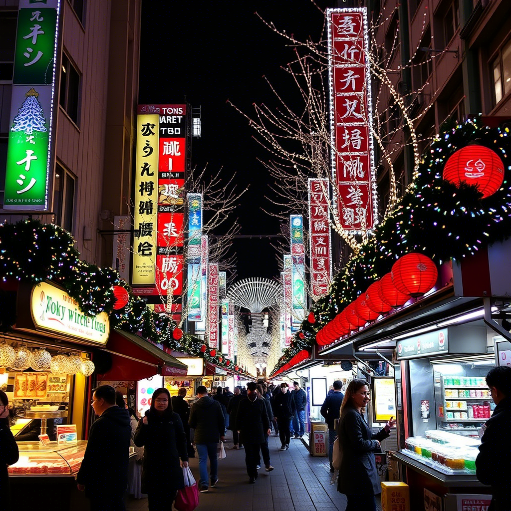 Tokyo Christmas market with neon lights and food stalls