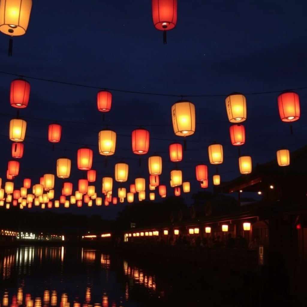 Traditional Japanese Tanabata festival with floating lanterns