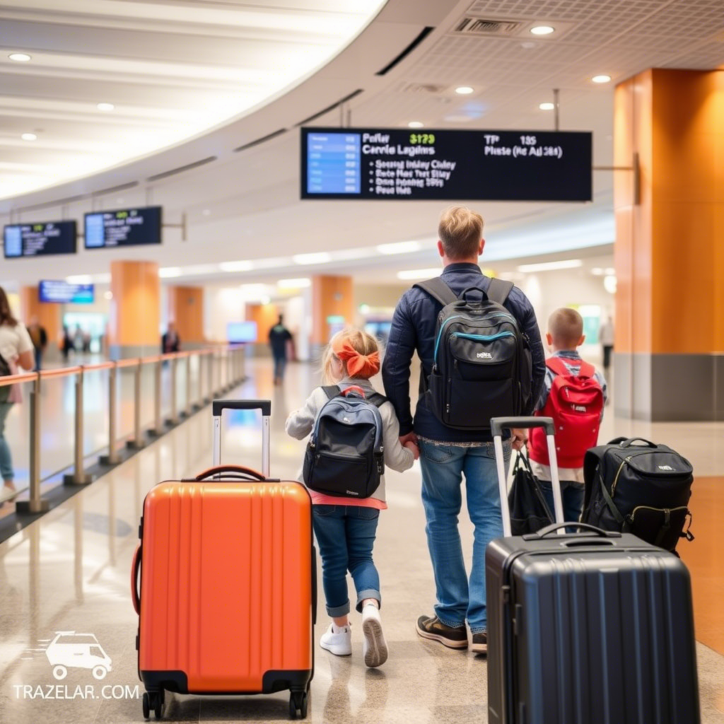 Traveling family with suitcases and backpacks at the airport