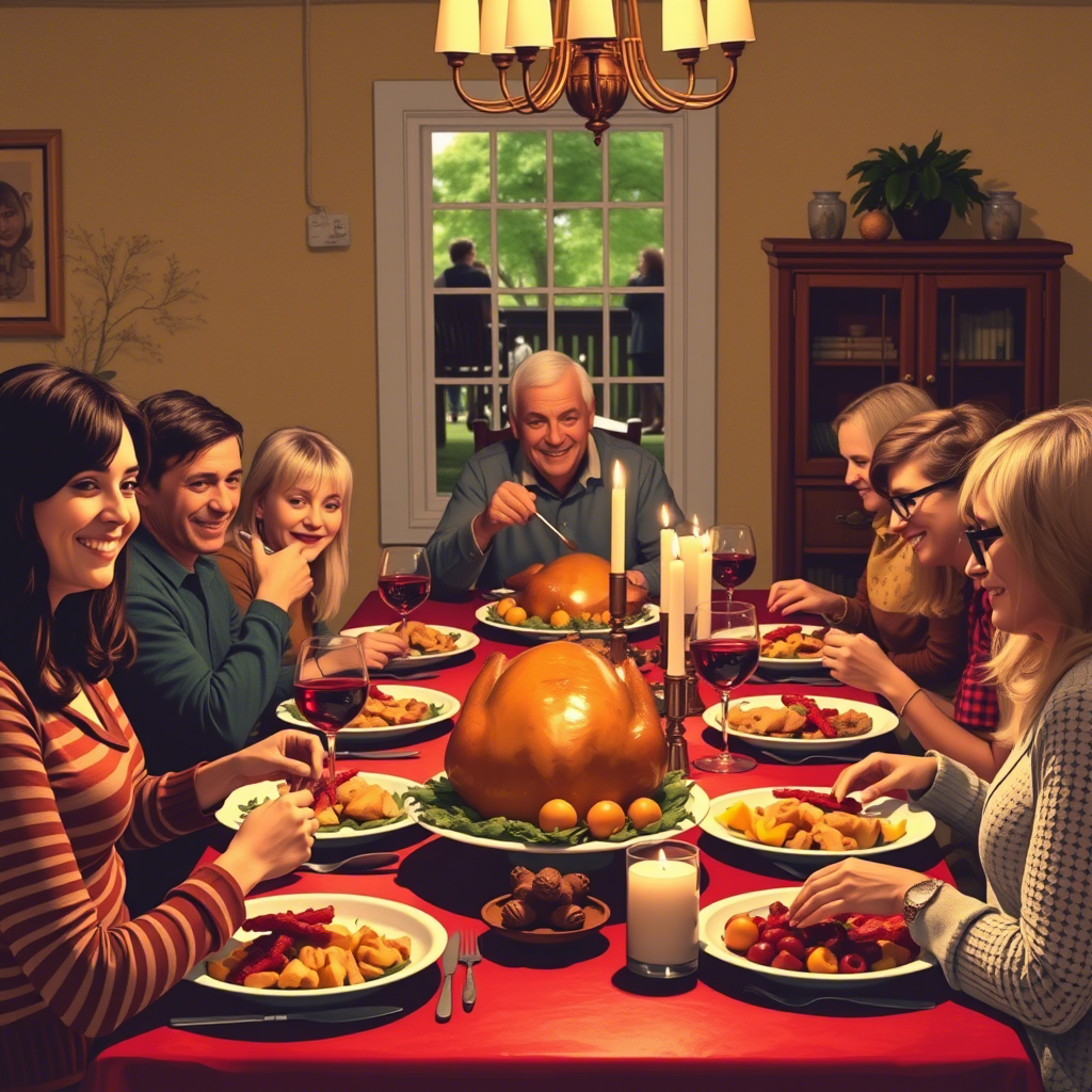 Turkey dinner with family and friends gathered around