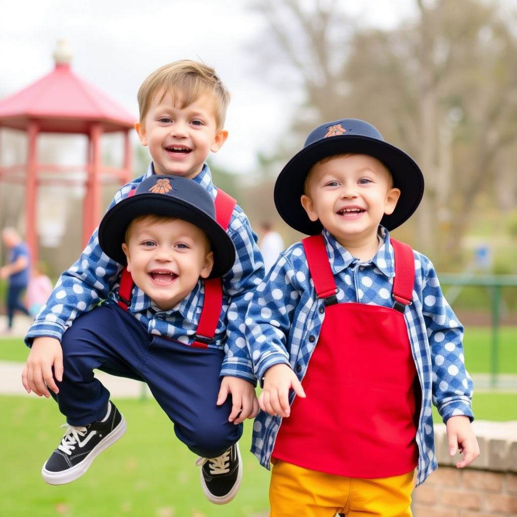 Twin brothers in identical outfits having fun at the park