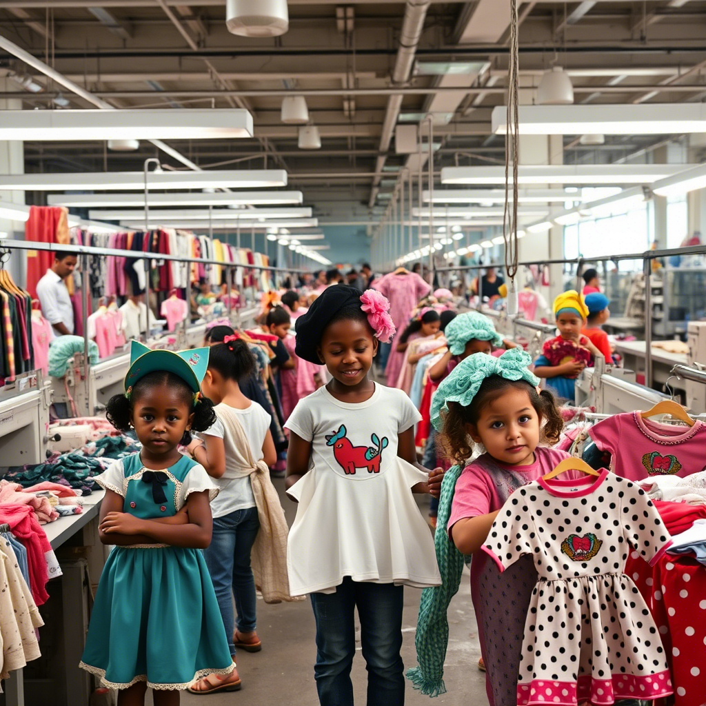 USA clothing factory workers surrounded by kids’ wear designs