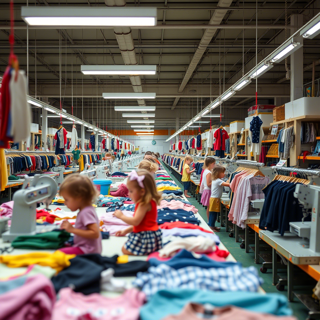 USA kids clothing factory with busy production floor scene