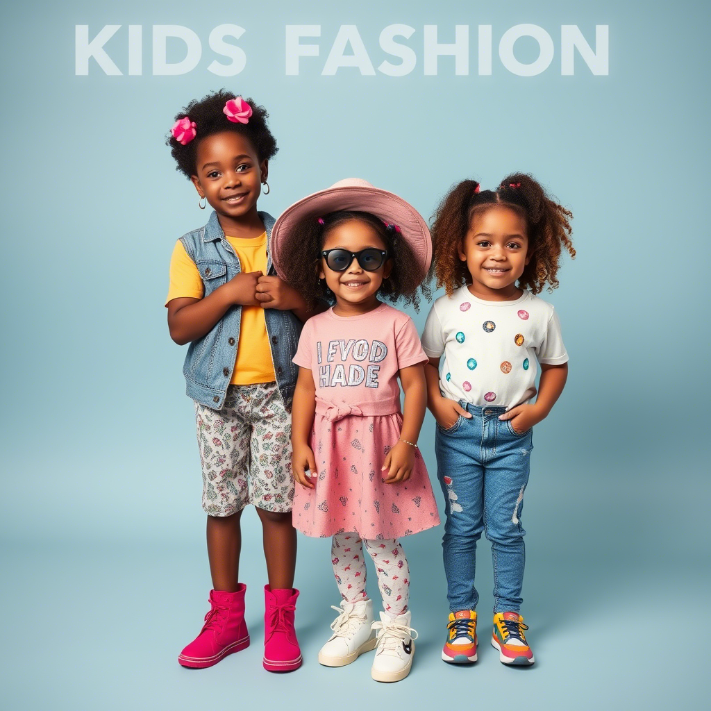 USA kids fashion brand photoshoot with diverse kids in trendy outfits