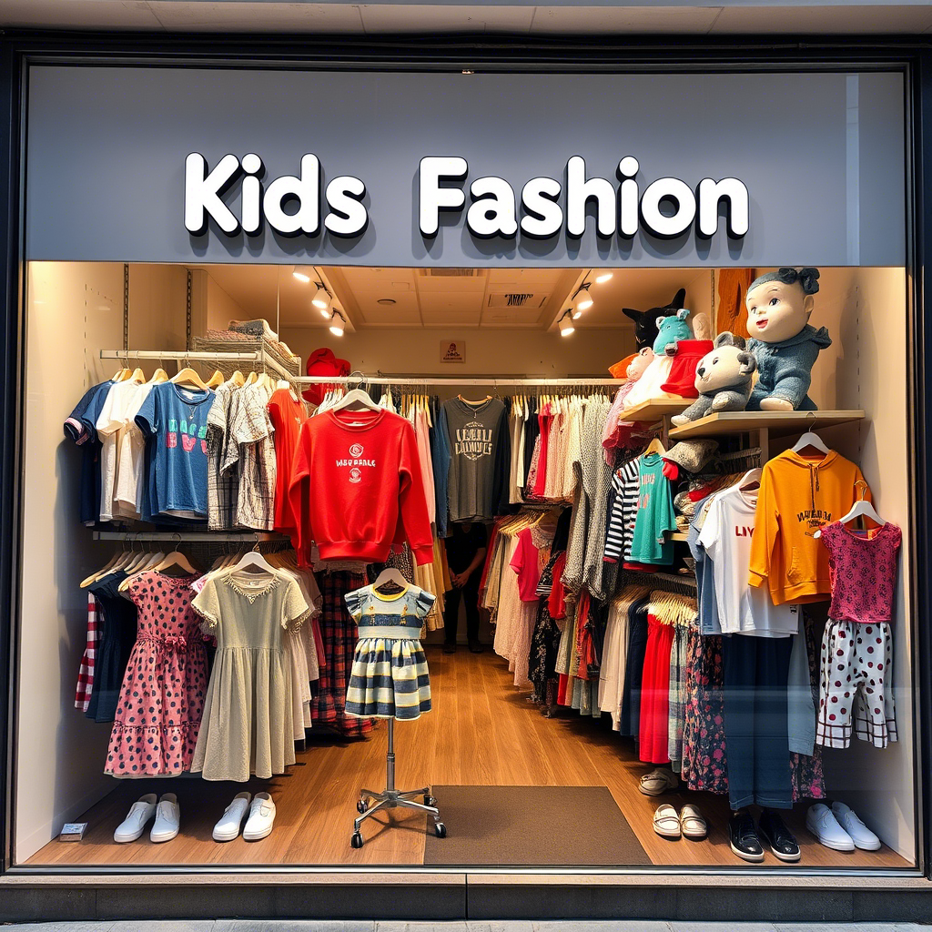 USA kids fashion wholesale storefront with diverse clothing displays