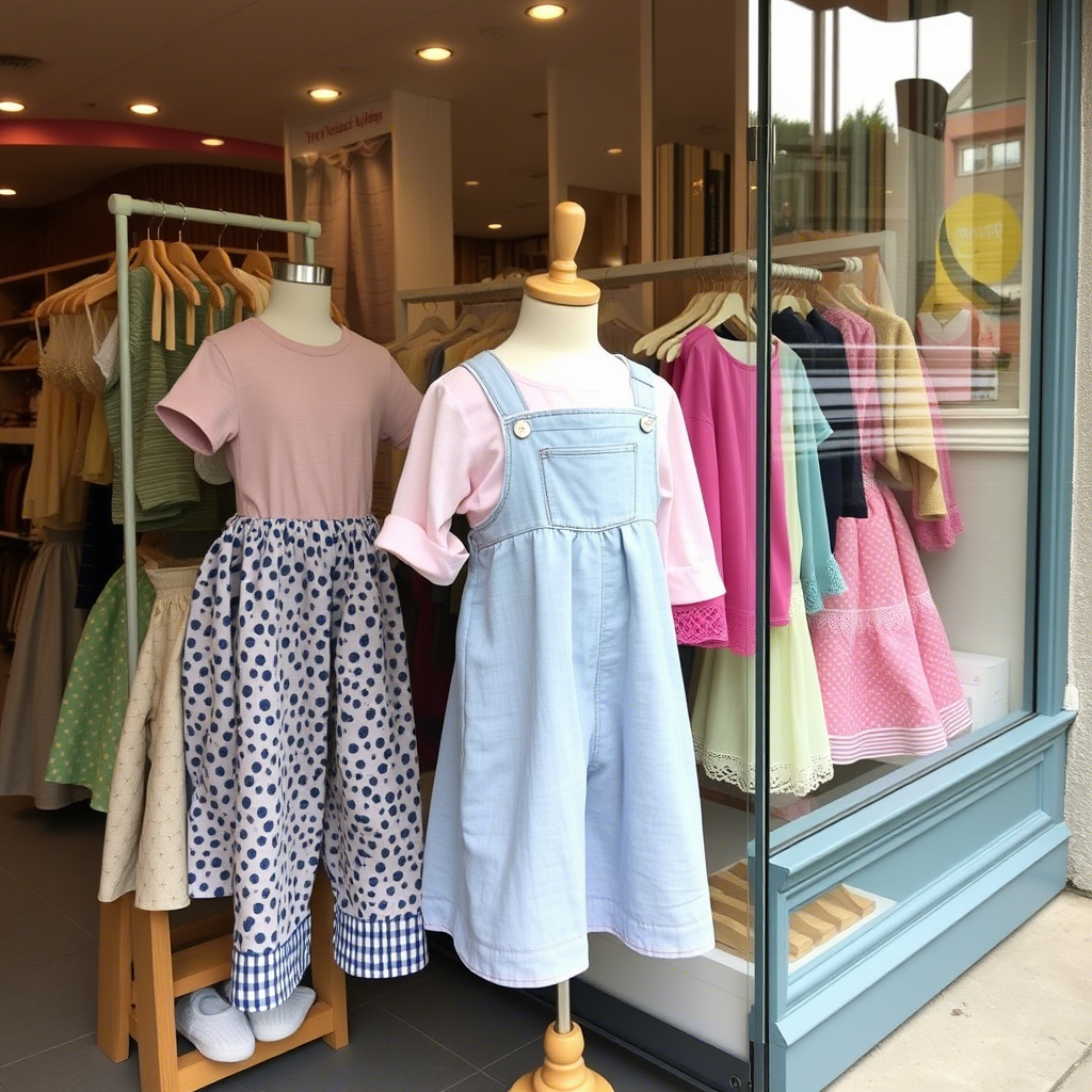 USA-made children’s clothing displayed on a mannequin in a storefront