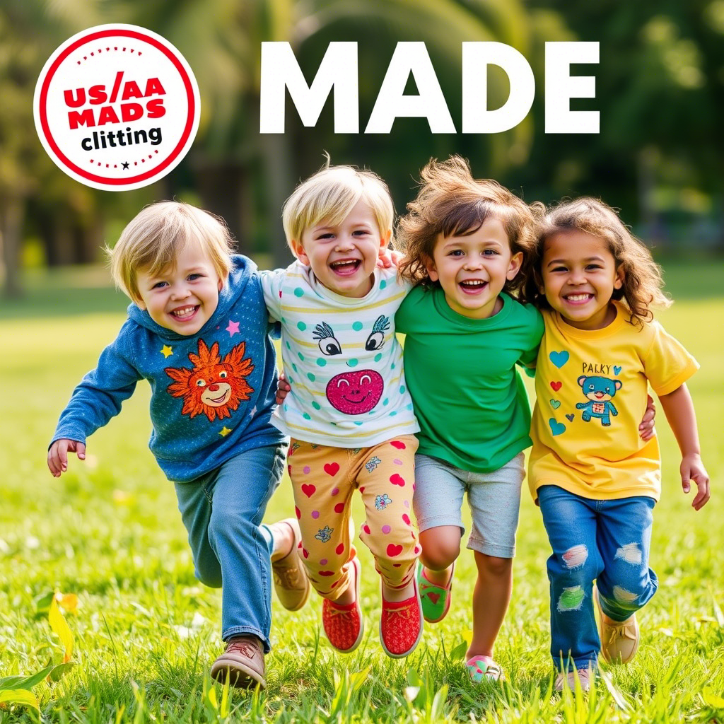 USA-made kids clothing advertisement with happy children playing outside