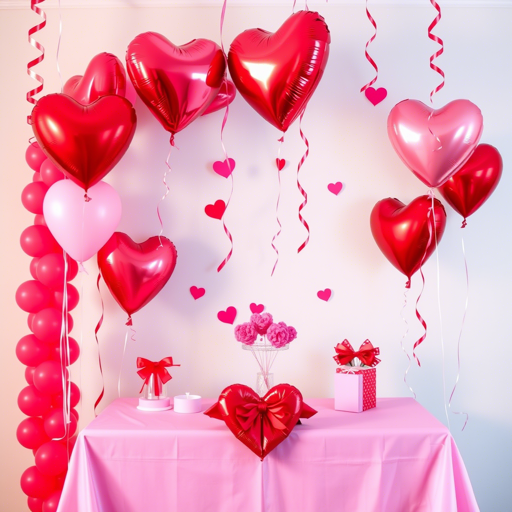Valentine’s Day party with heart-shaped balloons and streamers