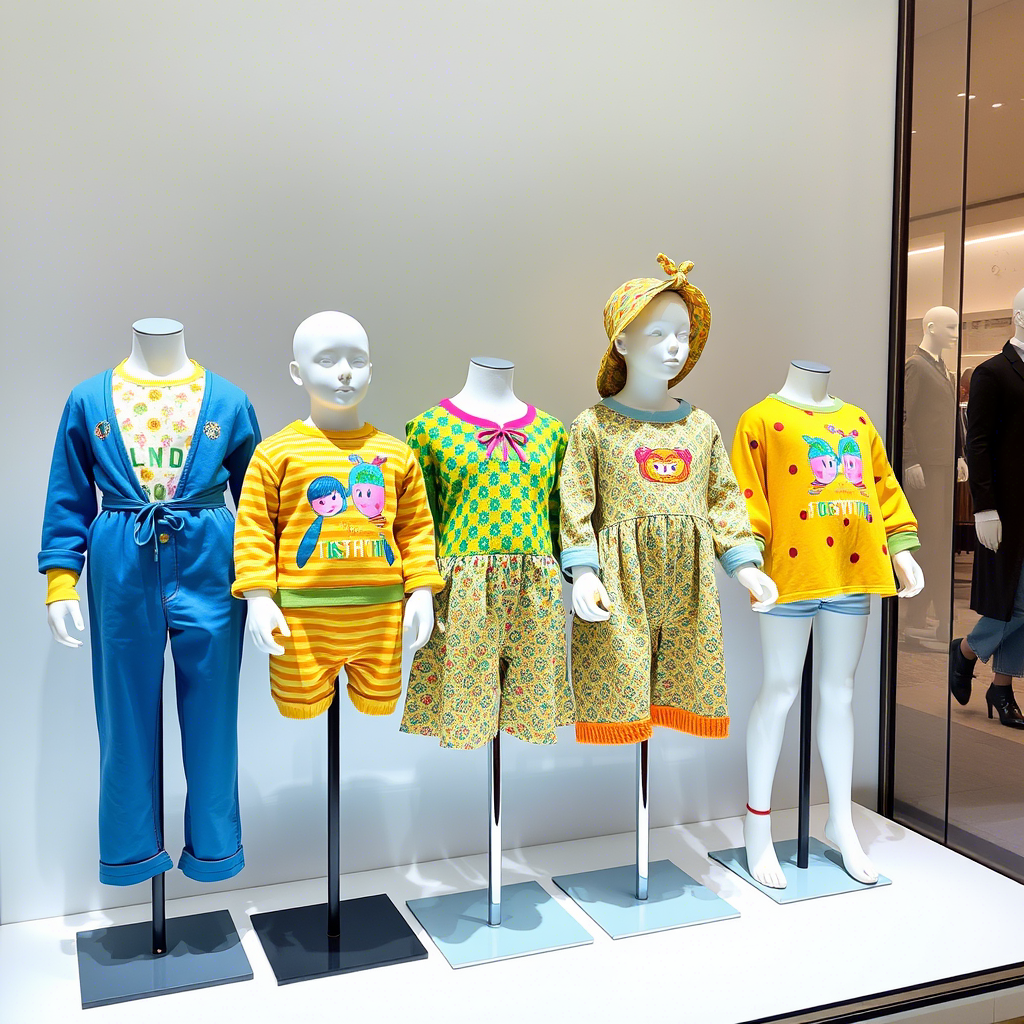 Vibrant baby clothes for fashion brands displayed on mannequins