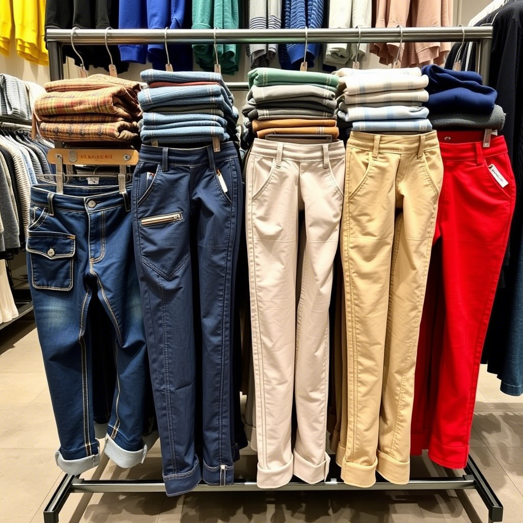 Vibrant boys’ pants collection on a clothing store rack display