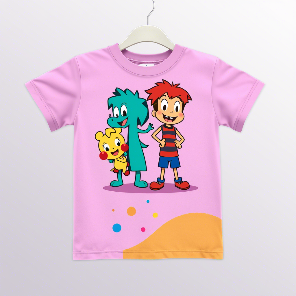 Vibrant cartoon characters on a child’s t-shirt design