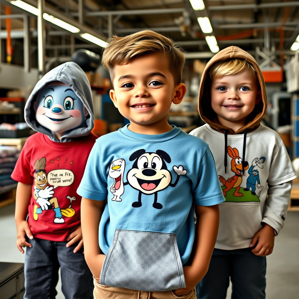 Vibrant cartoon characters on kids’ t-shirts and hoodies in a factory setting
