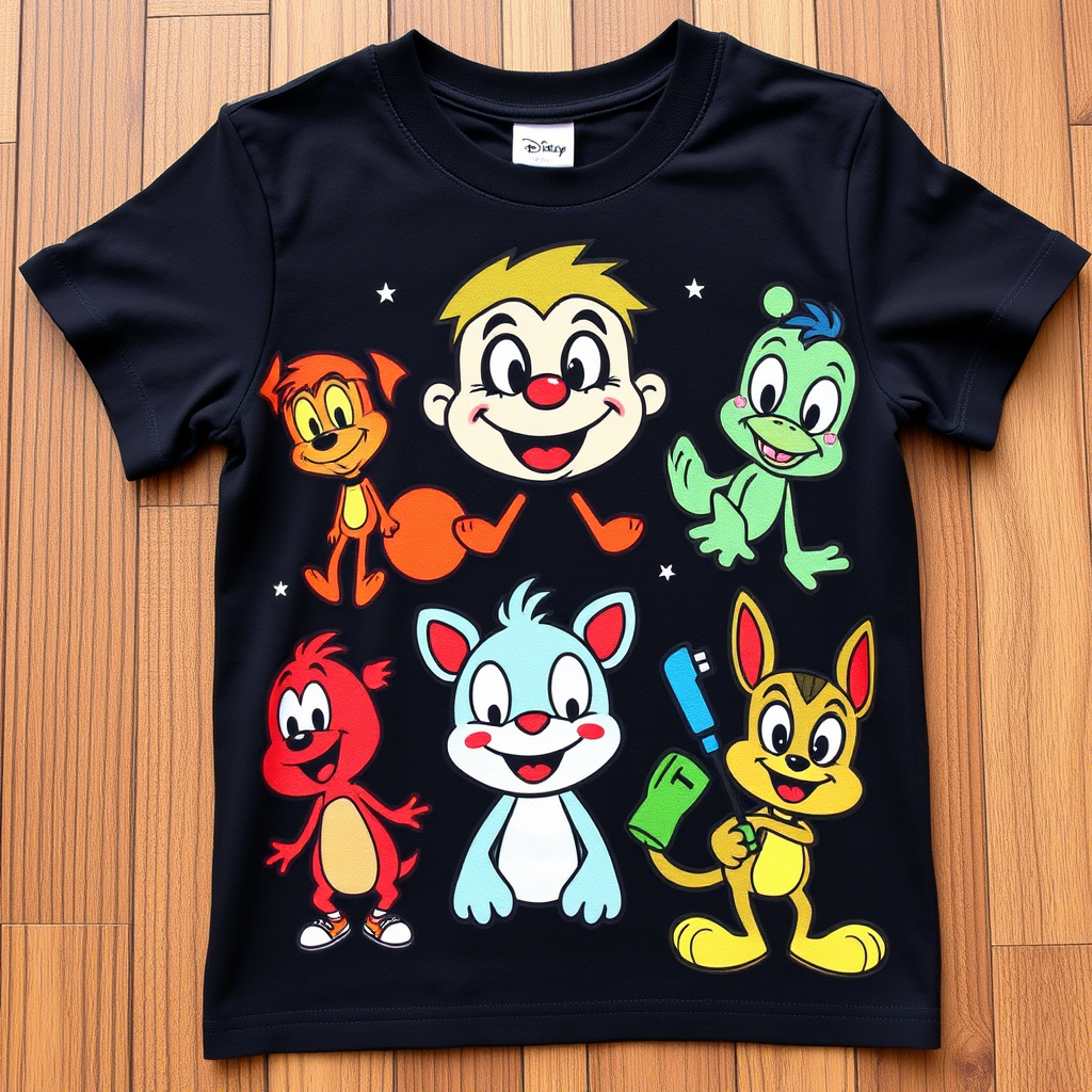 Vibrant cartoon characters on kids’ t-shirts made in USA