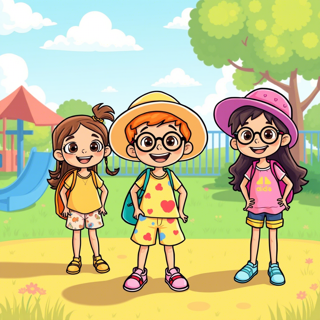 Vibrant cartoon kids wearing colorful summer outfits in a playground