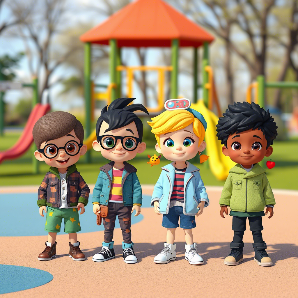 Vibrant cartoon kids wearing custom outfits in a playground