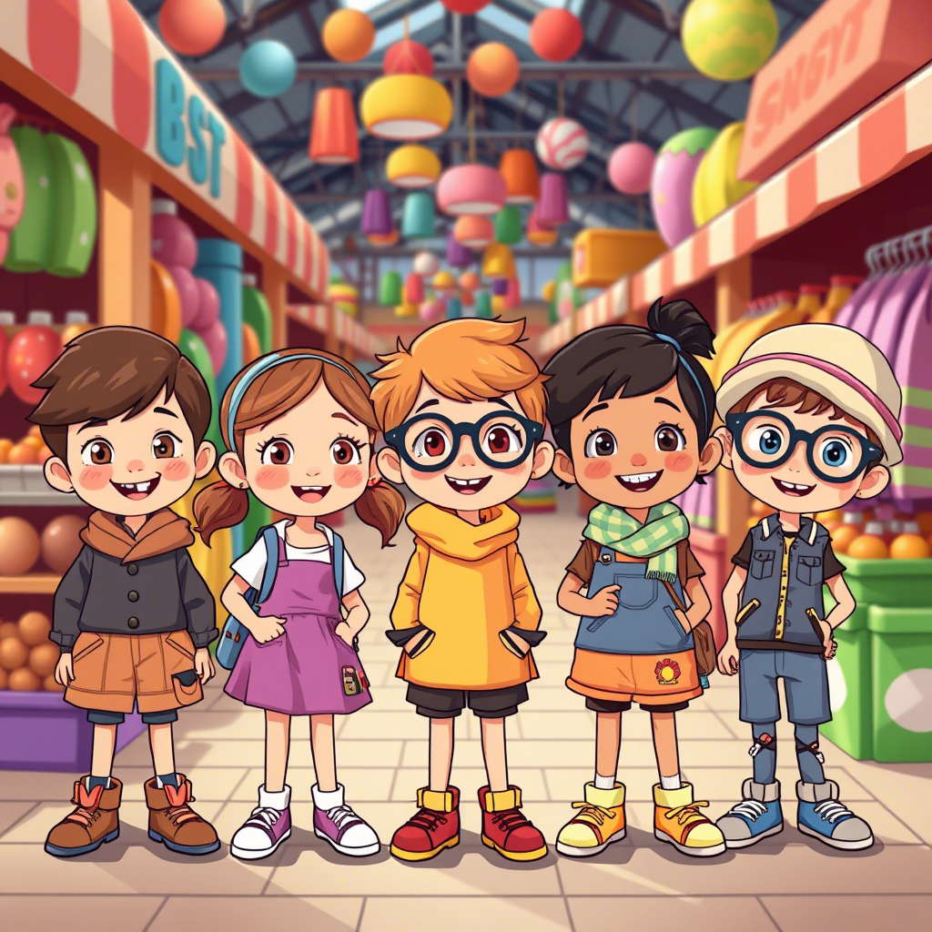 Vibrant cartoon kids wearing diverse outfits in a playful marketplace