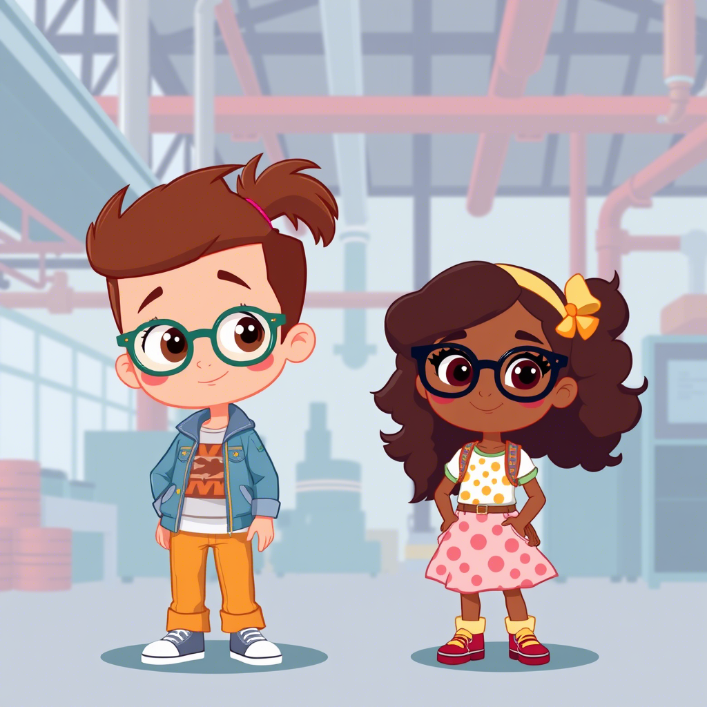 Vibrant cartoon kids wearing trendy outfits in a factory setting
